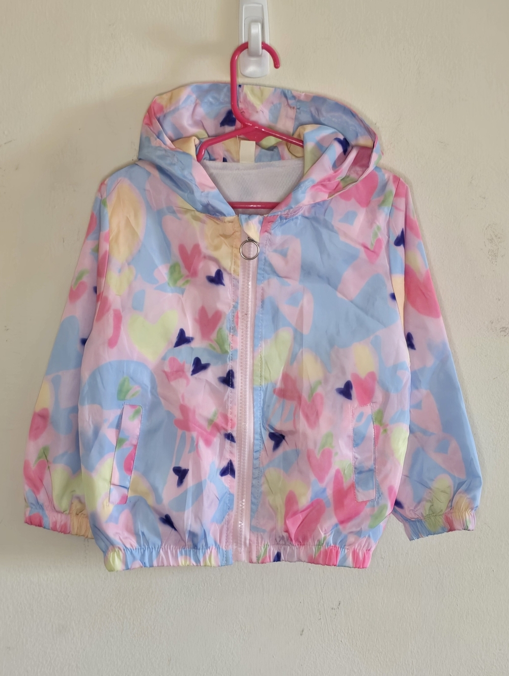 Pastel Heart Hooded Windbreaker Jacket Girls Size 110 Lightweight